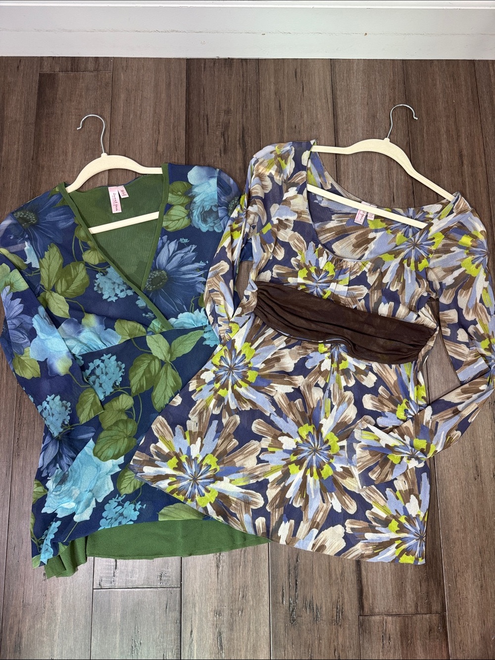 Sweet Pea by Stacy Frati Blue & Brown‎ Floral Long Sleeve Top Y2K 90s mesh tops